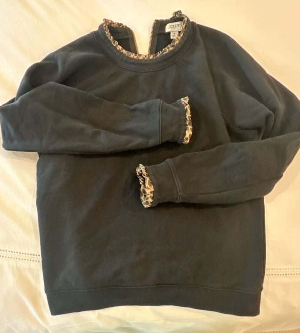S - J.Crew Black Sweatshirt with Leopard Print Ruffle Trim and Back Zipper